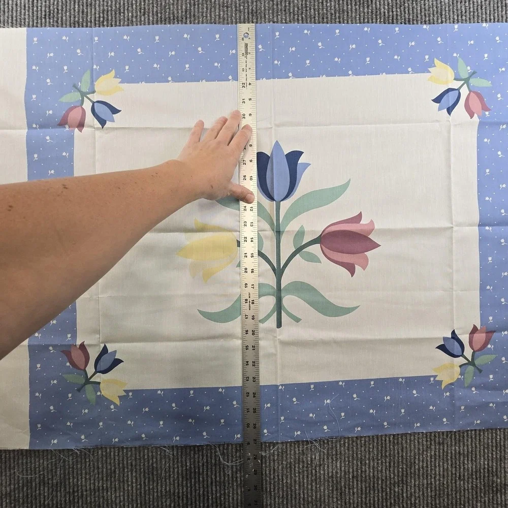 Vintage Cheater Quilt Fabric Panel Tulip Floral Cotton Quilt Blue Border Pastel